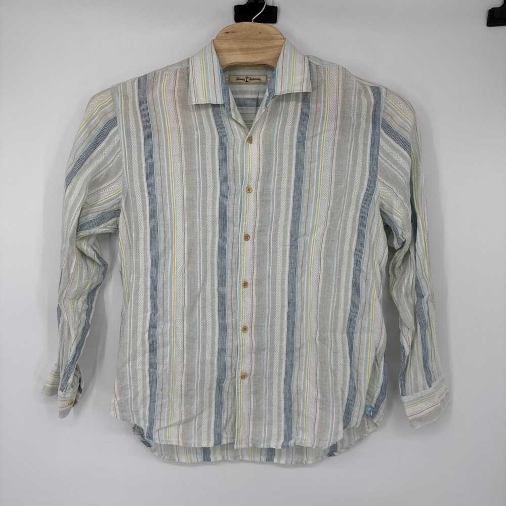 Tommy Bahama Las Mantas Stripe Linen Button Up Shirt Striped Resort Wear Large